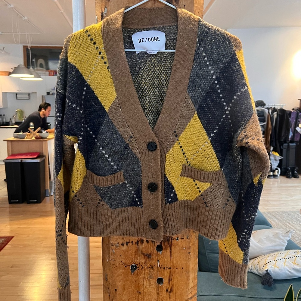 Re/Done Brown and Yellow Argyle Cardigan